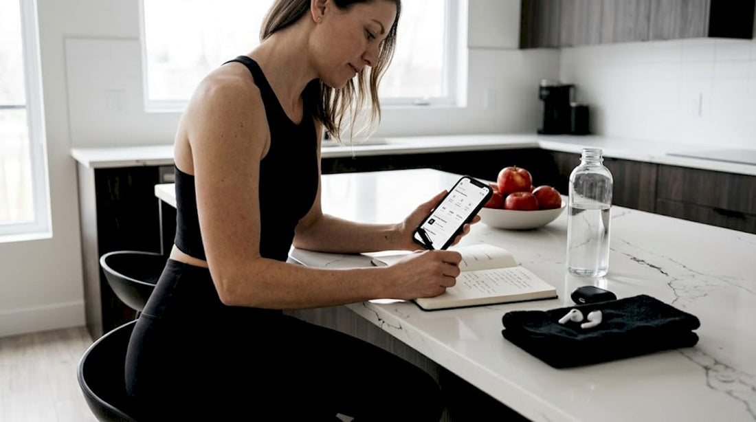 Woman journaling wellness data on phone at kitchen table